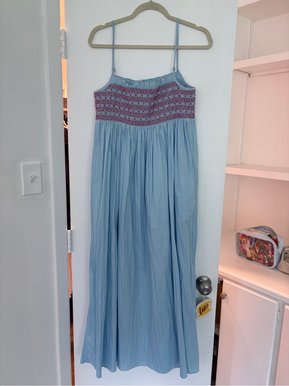 J. Crew Light Blue Dress with Red Smocked Detail - Picture 4 of 4